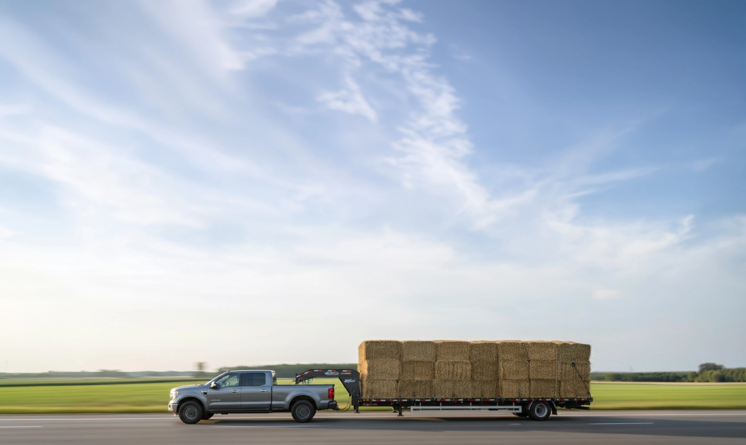 Flatbed trailer loaded with hay bales for delivery